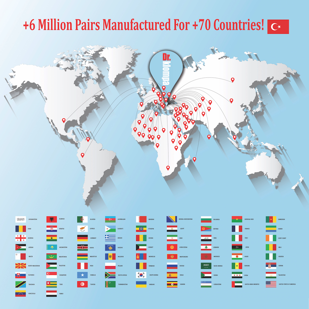 Global export map showing Tigerline footwear distribution to Europe, Middle East, and North Africa